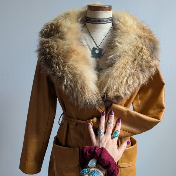 Vintage Mustard Leather Penny Lane Jacket Groovy Fur Trim 70s Trench Coat Medium - Picture 2 of 10